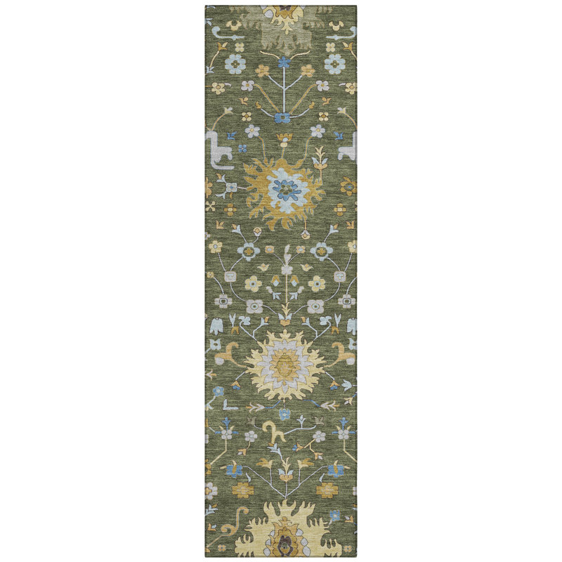 Tapis traditionnel lavable à la machine intérieur / extérieur ACN2609, Olive, Tapis de couloir 2 pi 3 po x 7 pi 6 po