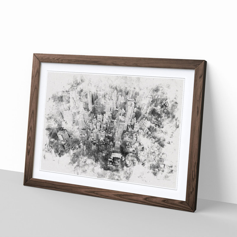 Birds Eye View of New York City Watercolour - Picture Frame Graphic Art Print, Walnut Framed, 36cm H x 48cm W x 2cm D