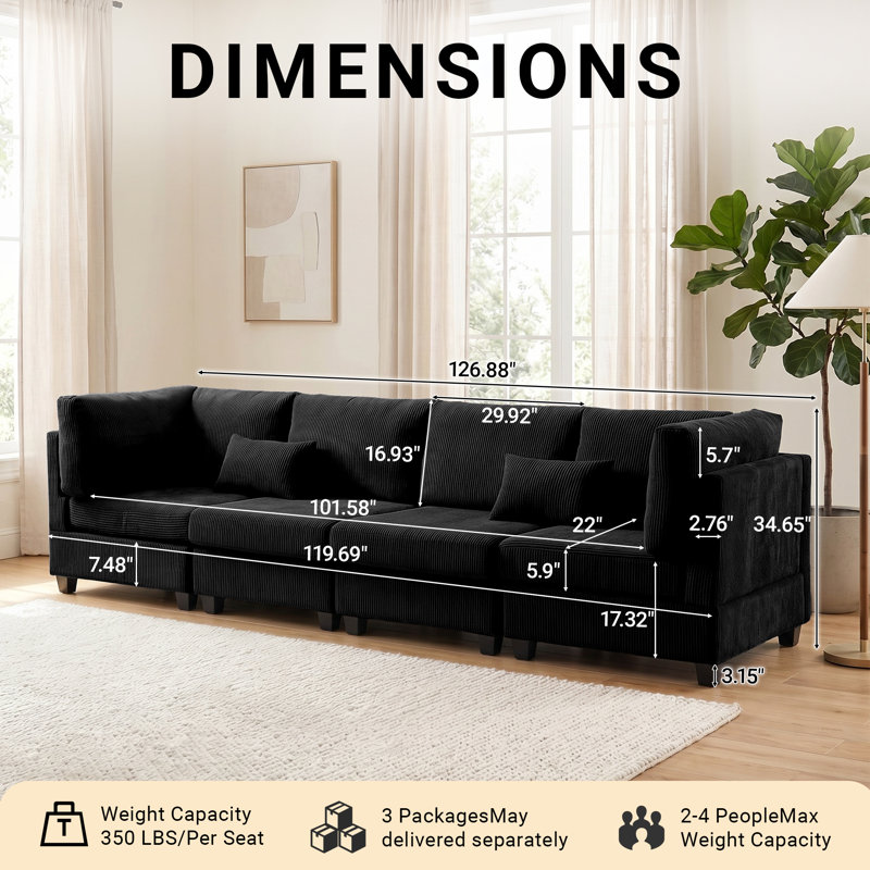 Canapé modulaire 126,8 po Comfy Cloud Couch, Velours côtelé noir