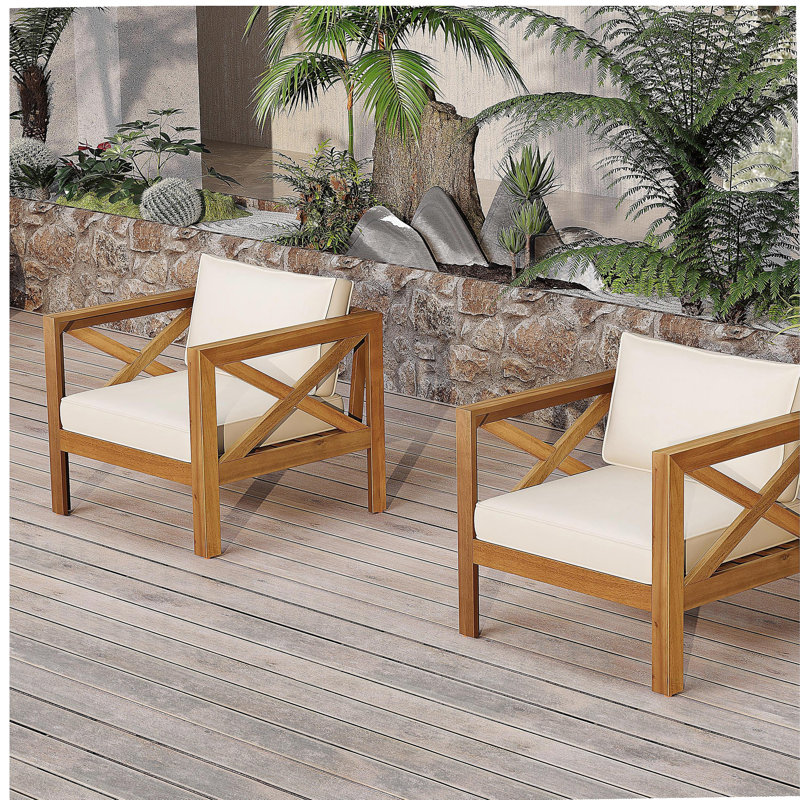Outdoor Acacia Wood Club Wooden Armchair with Cushions (Set of 2), Conversation Set,Teak Finish,Beige Cushion, Beige/Teak