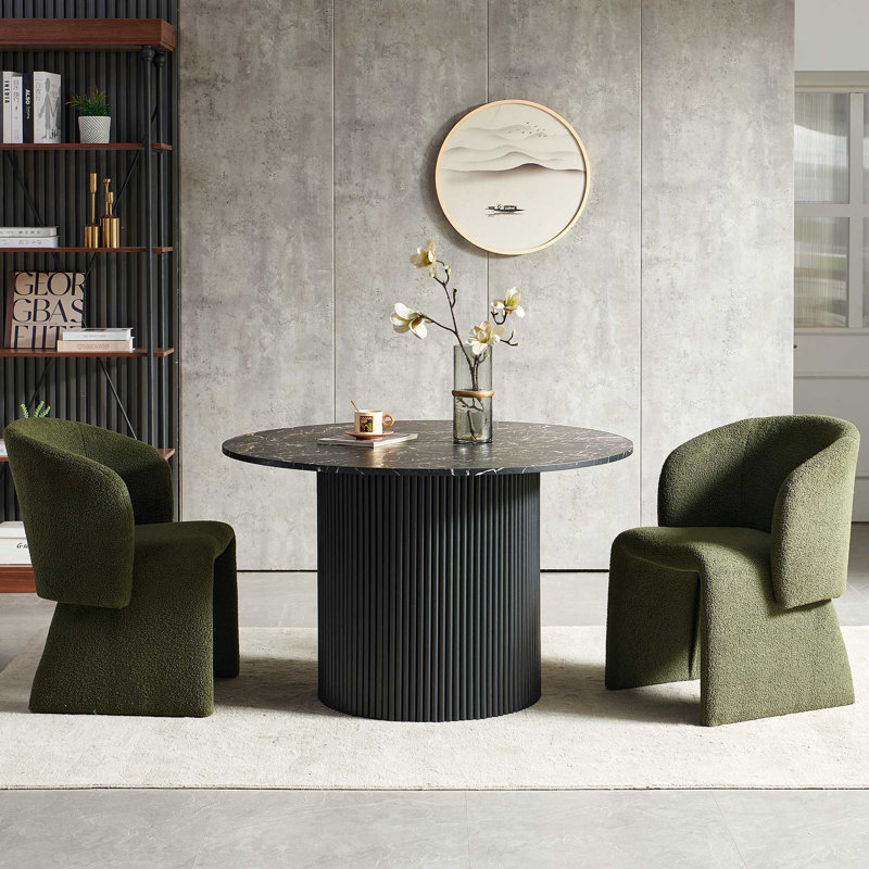 3-Piece Dining Table Set, Wood Top, Faux Fur Armchairs, Black Marble, Black, Green