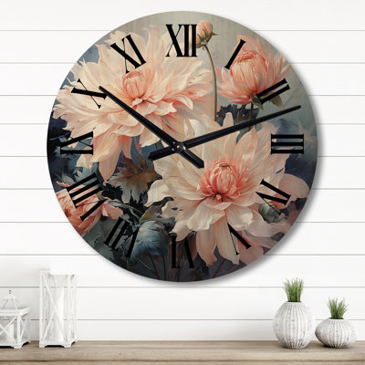 Peach Chrysanthemums Romantic Impression I - Floral Oversized Wood Wall Clock