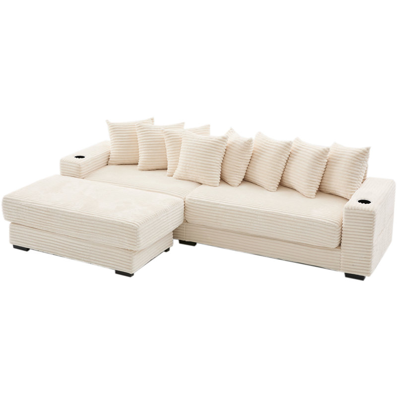 Canapé modulaire en L 110,75 po, canapé modulaire en velours côtelé, avec repose-pieds mobile, porte-gobelets, 8 coussins décoratifs, poche latérale, déplier dans un lit