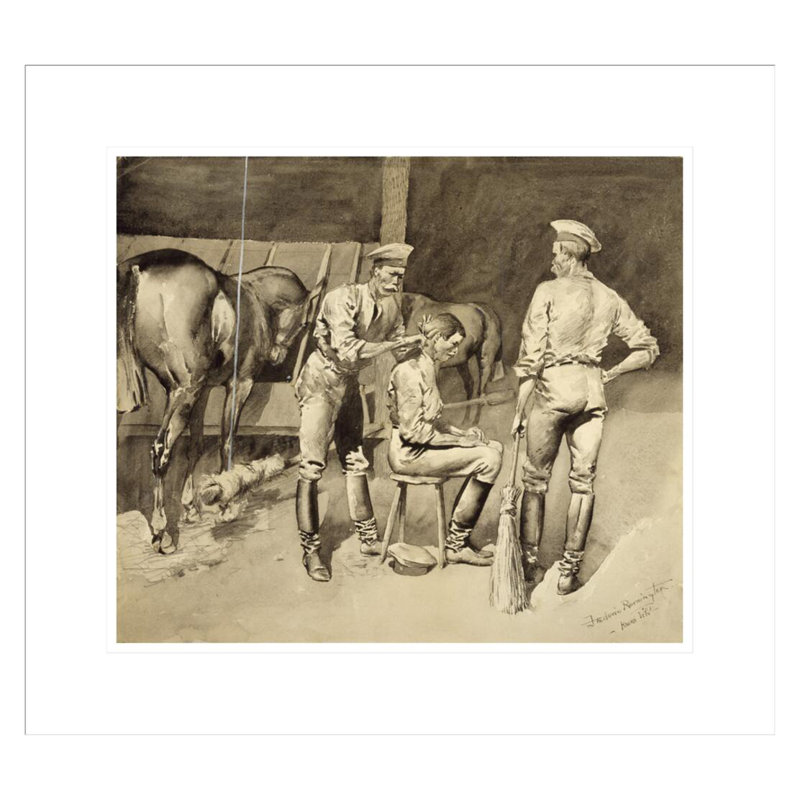 «A Haircut in a Cavalry Stable» par Frederic Remington, impression giclée sur cadre, H 17,75 po x l 19,72 po