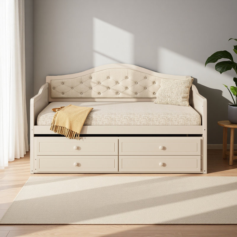 Twin Daybed With Trundle, Twin Size Daybed With 2 Storage Drawers, Wooden Sofa Bed With Upholstered Button Tufted Backrest For Living Room