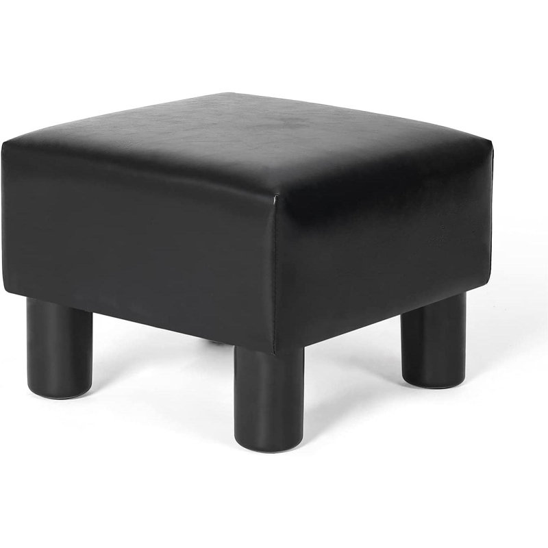 Okan Faux Leather Ottoman, Black Faux Leather