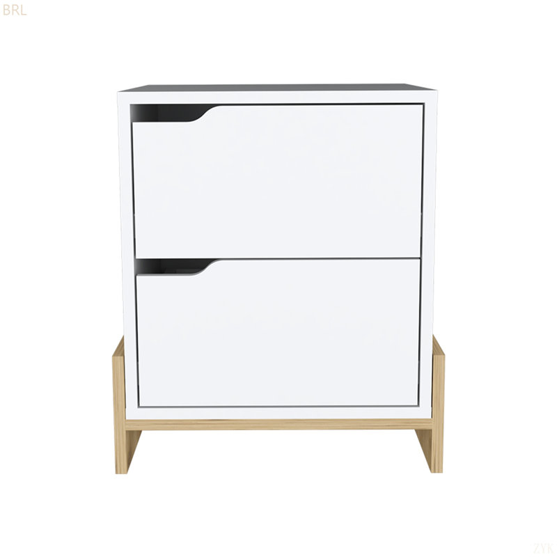 Table de chevet Brookland, table de chevet avec tiroirs doubles et base robuste, Blanc/naturel