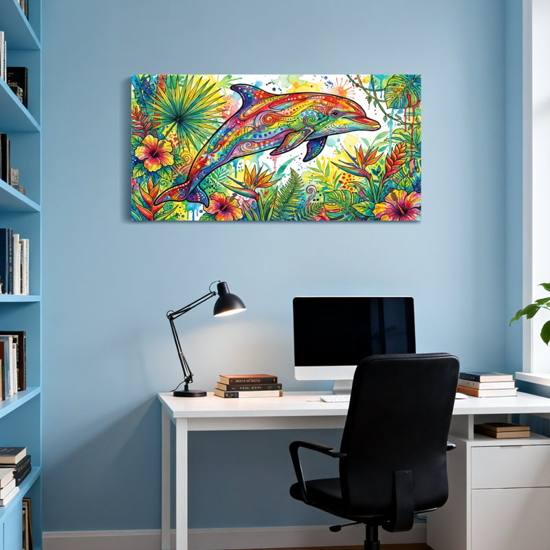 Animaux, dauphin coloré, impression de motif floral tropical, H 20 po x l 40 po
