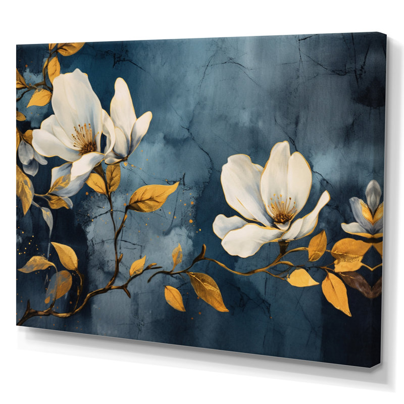 Jaune, gris, magnolia, nature, élégance II, H 34 po x l 44 po x P 1,5 po, Toile tendue