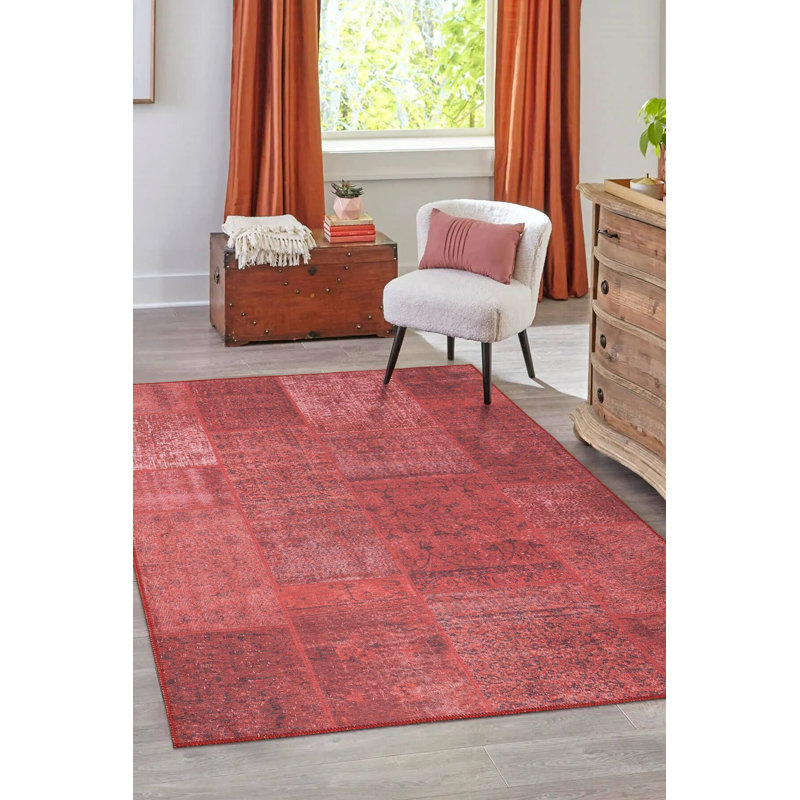 Jazz Patchwork Pattern Woven Base Decorative Red Rug, Rectangle 2'6" x 4'11"