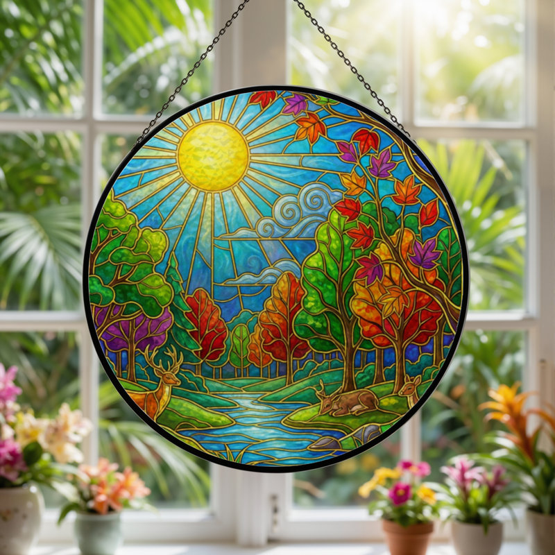 Panneau de vitrail 12 "H Sunlight Forest, H 12 po x l 12 po