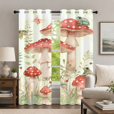 2Pcs Mushroom and Frog Pattern Curtains, Cottagecore Style Curtain, Botanical Forest Theme Printed Art Grommet Drapes, Window Treatment for Bedroom Living Room Decor