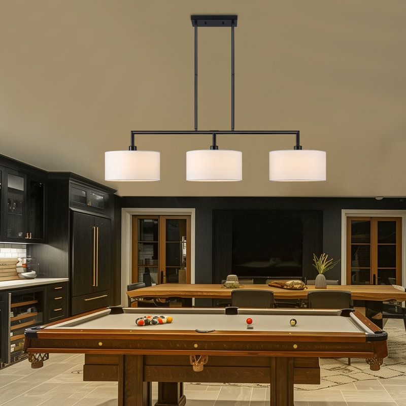 3 - Light 47" Modern Linear Kitchen Island Pendant With White Drum Shade For Dining Room Living Room, Matte Black