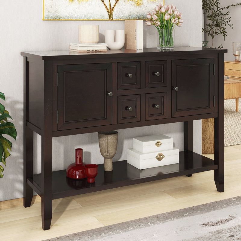 Ample console de rangement rétro avec quatre petits tiroirs, Espresso