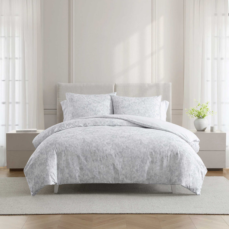 Vera Wang Nebulous Flower Cotton Reversible Grey Duvet Cover Set, Queen Duvet Cover + 2 Standard Shams