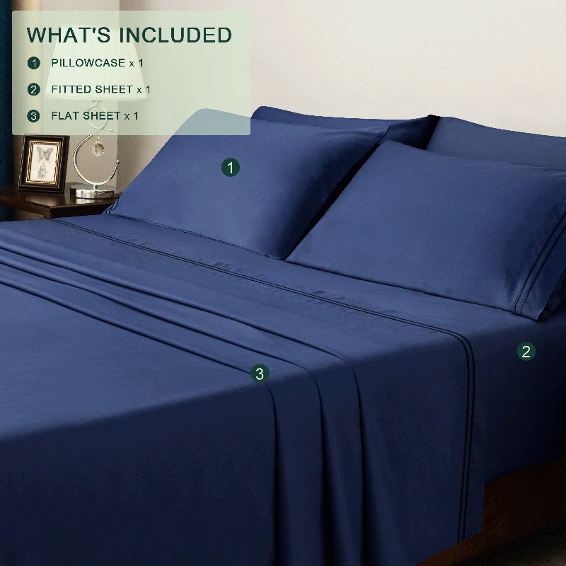 Ensemble de draps en satin de coton Tencel 1600 fils, Bleu marine, Simple