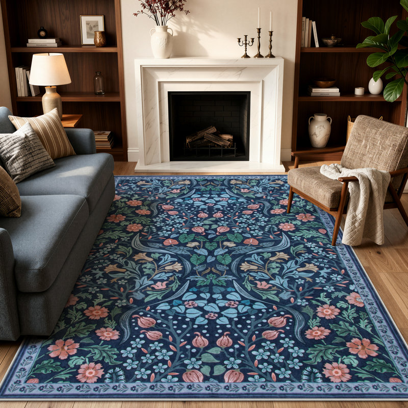 Tapis lavable à motif floral Kaldi, Rectangle 5 pi x 7 pi, Bleu