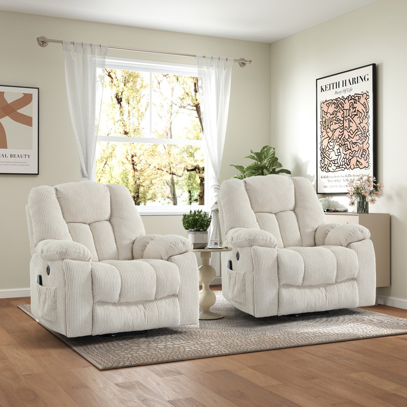 41'' Oversized Power Lift Chair - Heated Massage Electric Recliner with Super Soft Padding Set of 2, White Corduroy