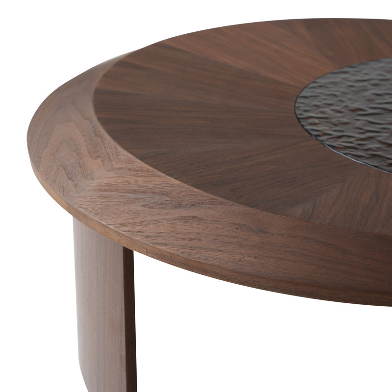 Walnut Wood and Ripple Glass Round Nesting Coffee Table Set
