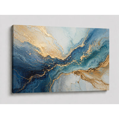 Grande peinture abstraite et abstraite fluide sur toile marbrée de couleur bleue et dorée, œuvre d'art contemporaine pour le salon, chambre à coucher, bureau, impression sur toile 24 x 36 po