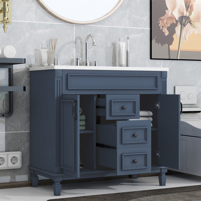 Botarf Bathroom Cabinet, 36'' Bathroom Vanity with Top Sink with 2 Soft Closing Doors and 2 Drawers, Blue