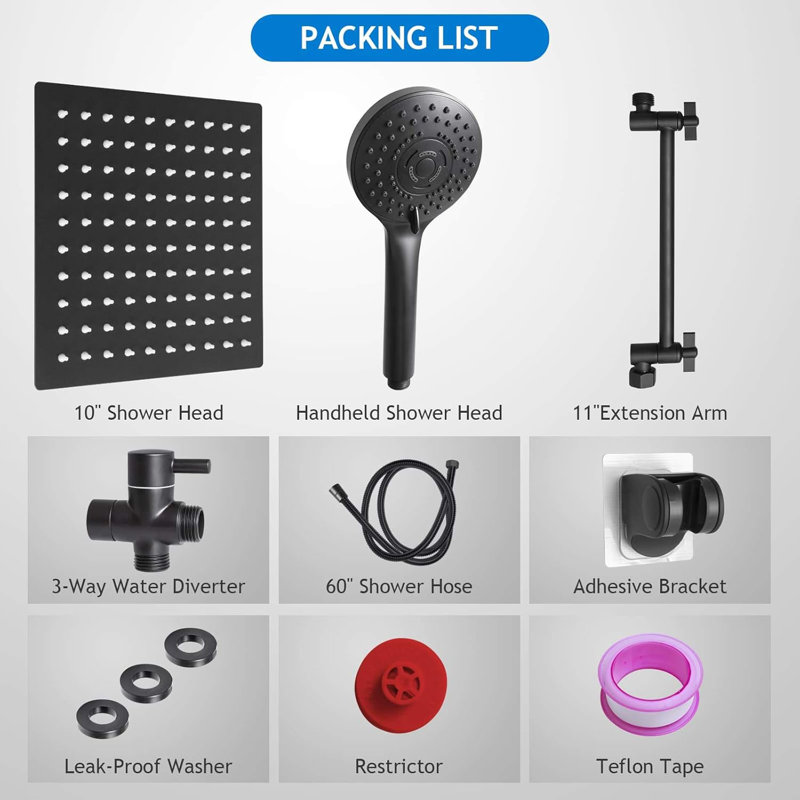 10-Inch High-Pressure Rain Shower Head Combo Set With Adjustable Arm And 5-Setting Handheld Showerhead