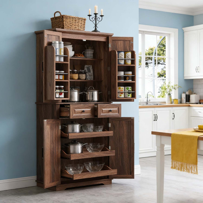 Grand garde-manger avec organisateurs coulissants, texture en relief et grand espace de rangement, Brun