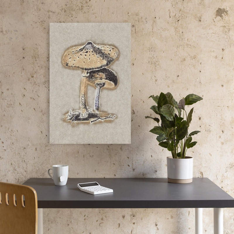 Illustration murale représentant un champignon parasol brun, style rétro rustique vintage, avec un paysage naturel dessiné à la main.