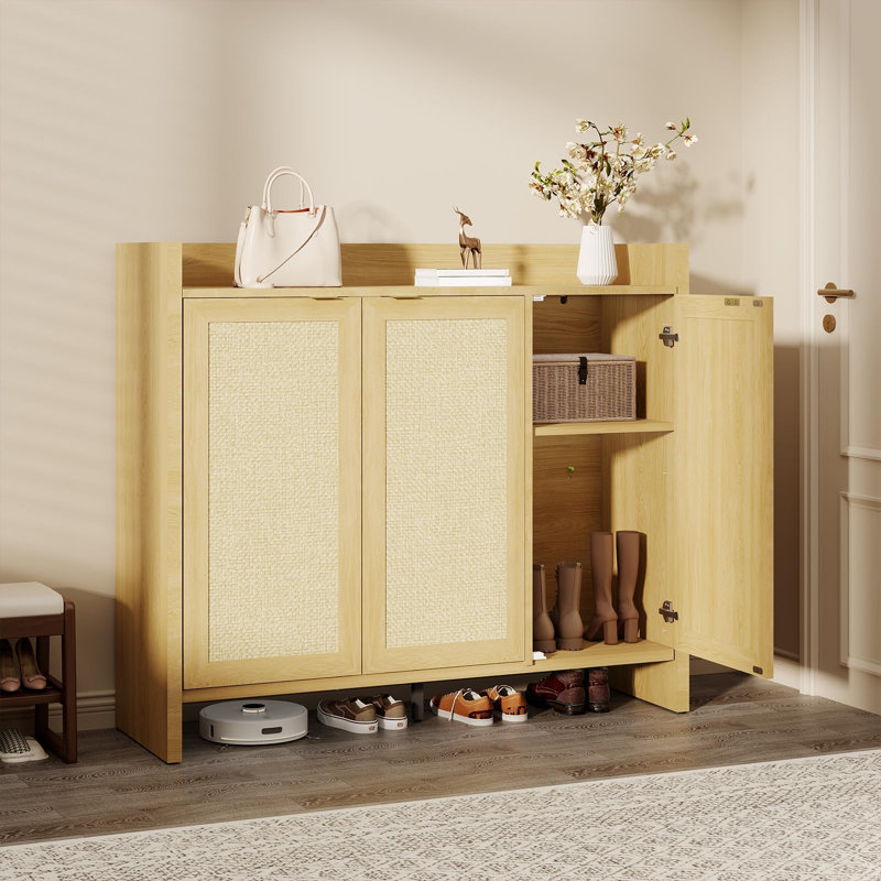 Rattan Shoe Storage Cabinet with 3 Doors, Wooden Entryway Organizer with Adjustable Shelves, Light Oak