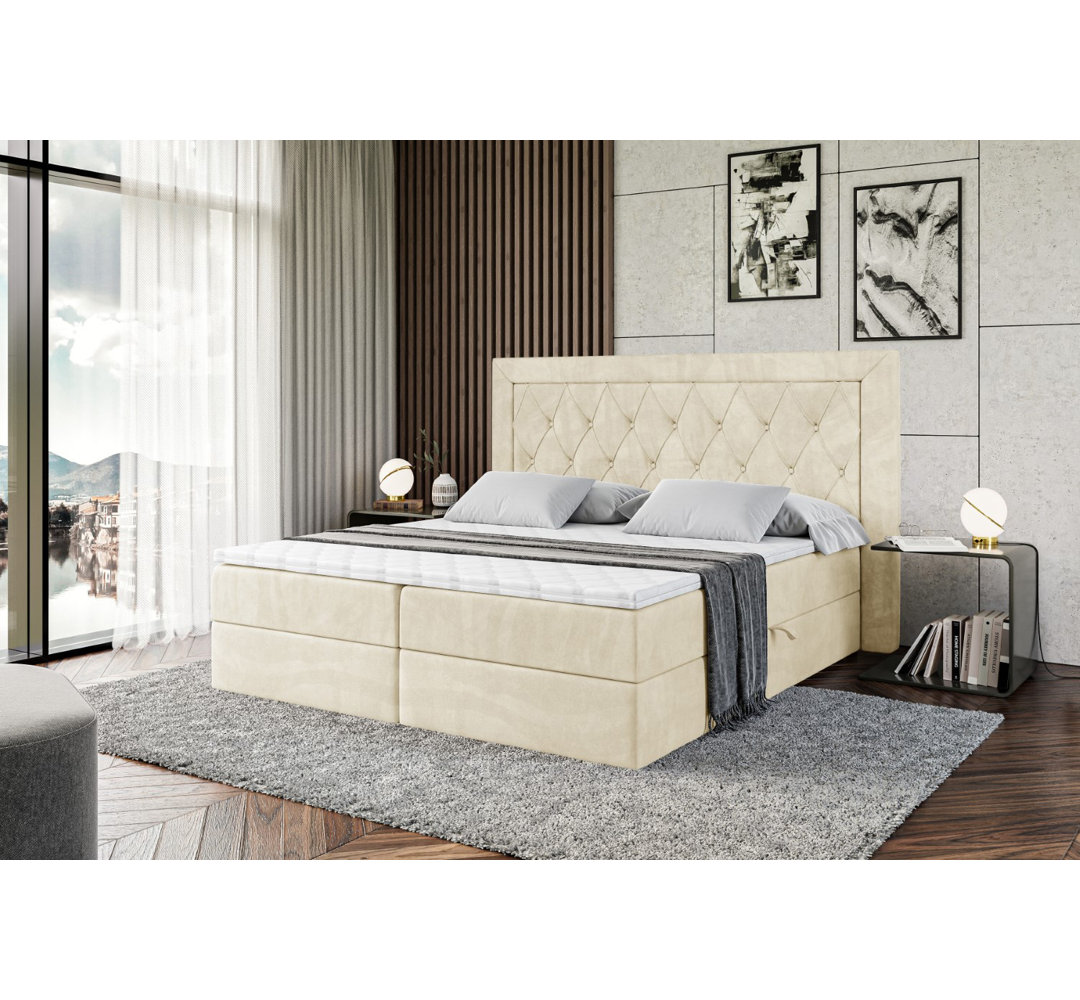 Boxspringbett Rillito mit H3 Bonell-Federkernmatratze, Topper und Bettkasten