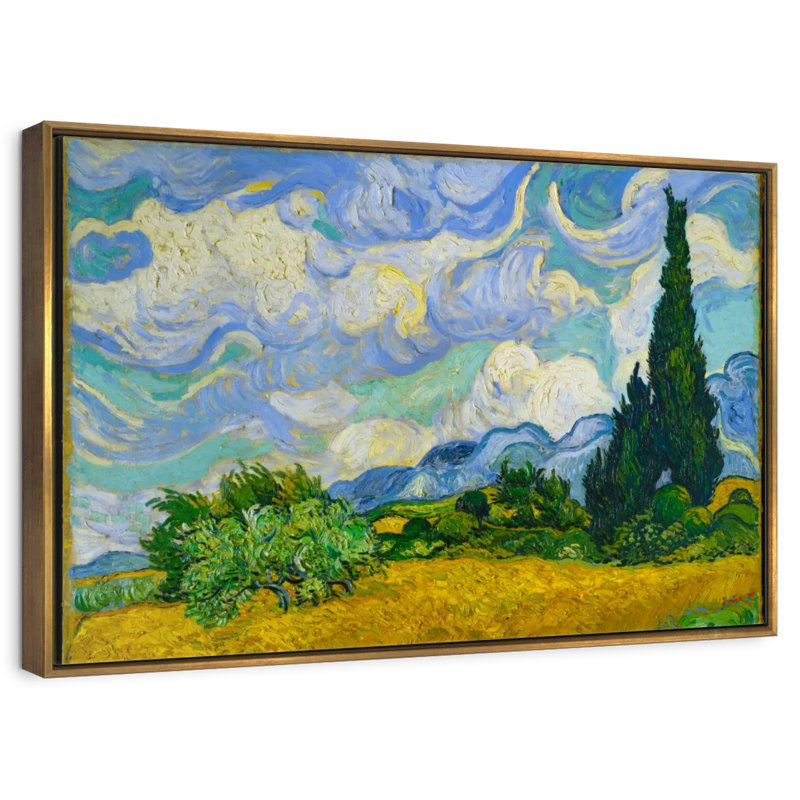Champ de blé avec cyprès, Cadre flottant doré, 37 po x 25 po