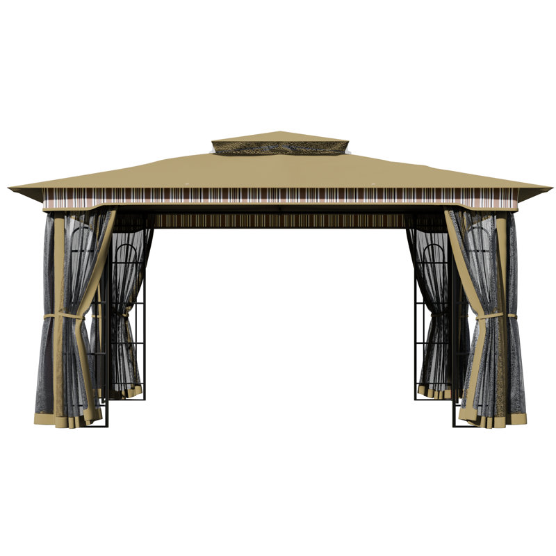 Gazebo de terrasse extérieur en acier de 13 pi de largeur x 11 pi de profondeur avec toit à double ventilation, moustiquaire complète et 4 étagères de rangement d'angle