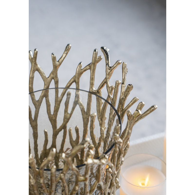 Gold Branch Design Glass Hurricane Candle Holder