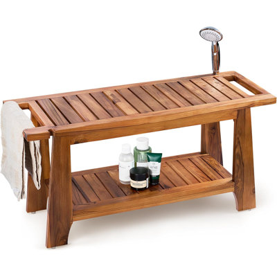 Long Teak Shower Bench with Shower Holder and Storage Shelf