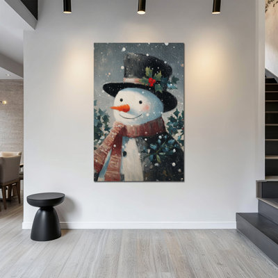 Grand art de Noël de bonhomme de neige encadré - décoration murale de photos de vacances d'hiver, œuvres d'art de Noël rétro festives pour le salon, peintures de Noël pour impression murale sur toile, 36 po x 48 po