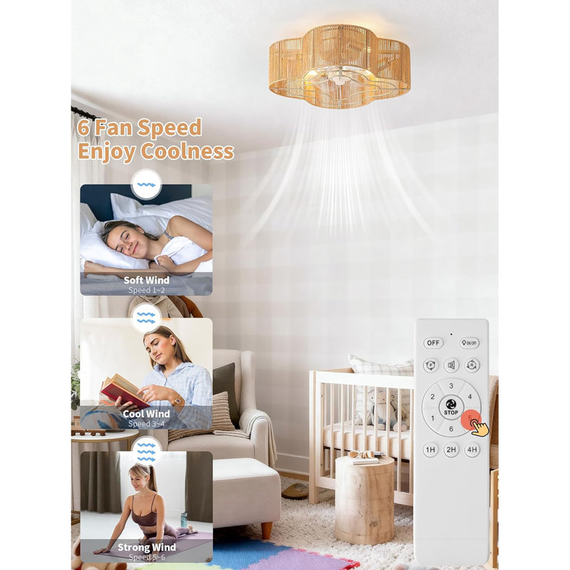 Ventilateurs de plafond avec lumières, ventilateur de plafond à profil bas de 20 po avec télécommande, plafonnier encastré sans lame à 6 vitesses pour la chambre à coucher, la chambre de bébé et le salon.