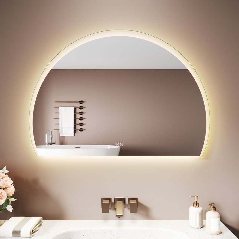 Half Circle LED Bathroom Mirror, Anti-Fog 3 Color Dimmable Touch Wall Vanity Mirror, 100*70cm,Semicircular Bathroom Mirror
