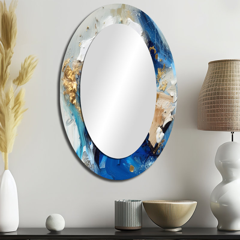 Indigo Awakening Abstract In Blue And Gold II - Large Oval Wall Mirror On Metal, 36" x 24"