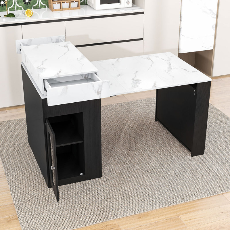 Rolling Extendable Kitchen Island with Drop-Leaf Table, Built-In Power Outlet and Glass Door Cabinet, White/Marble, Black