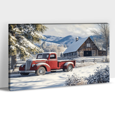 Abiella Decor – Winter Farmhouse Red Truck Picture Prints, Snowy Barn Landscape Painting, Vintage Holiday Wall Artwork for Living Room, Bedroom, Bathroom, Kitchen, 12×18 Inches