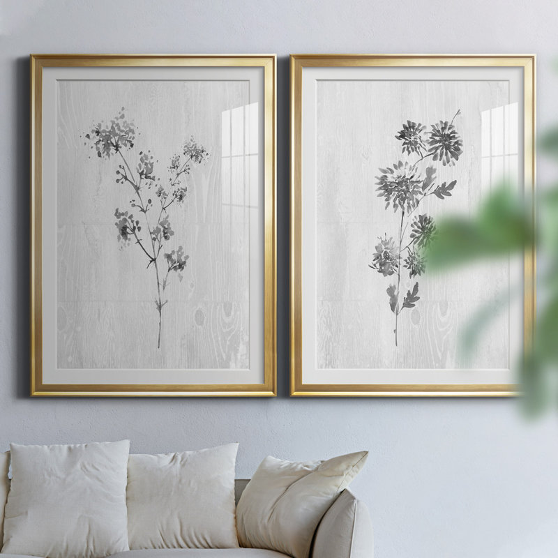 Neutral Meadow I - ensemble de 2 reproductions d'art, Blanc, H 26,5 po x l 73 po x P 1,5 po, Papier encadré doré
