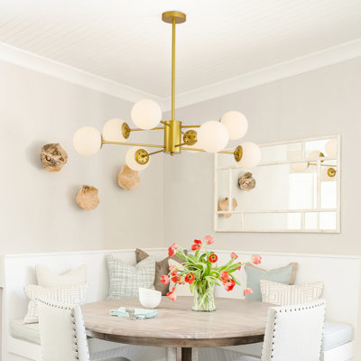 Or avec 8 lumières et abat-jour en verre blanc, design élégant pour le salon, plafond de chambre à coucher, éclairage givré moderne de 8 po