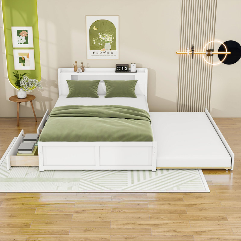 Queen Wooden Platform Bed with LED and Trundle and 2 Drawers, White