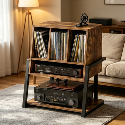 Support pour tourne-disque avec prise de courant et DEL, armoire de rangement à 3 niveaux en vinyle pour plus de 200 albums, poste de 22 pouces avec cloisons en bois, table de bout moderne pour petit espace, brun rustique