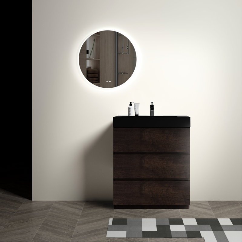 30" Bathroom Vanity - Black Sink, Spacious Interior Furniture With Max Storage, Walnut, 30", Black