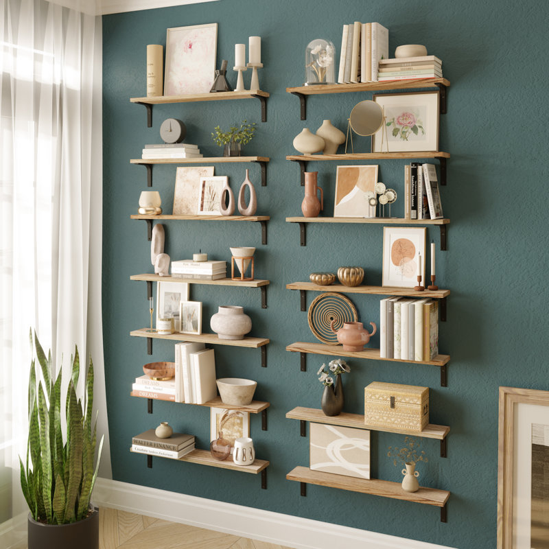 24" X 4.5" Floating Bookshelves For Living Room And Office Decor, Rustic Shelves For Kitchen Storage, Hanging Shelves For Wall, Wooden Shelves For Office Supplies, Wall Mounted, Burnt, 14 Pcs