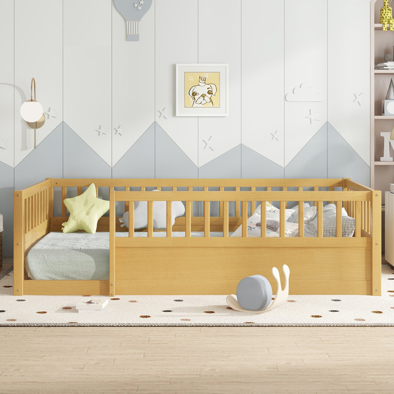 Structure de lit simple Roomfitter en bois avec clôture, plateforme Montessori à plateforme basse pour chambre à coucher ou salle de jeux