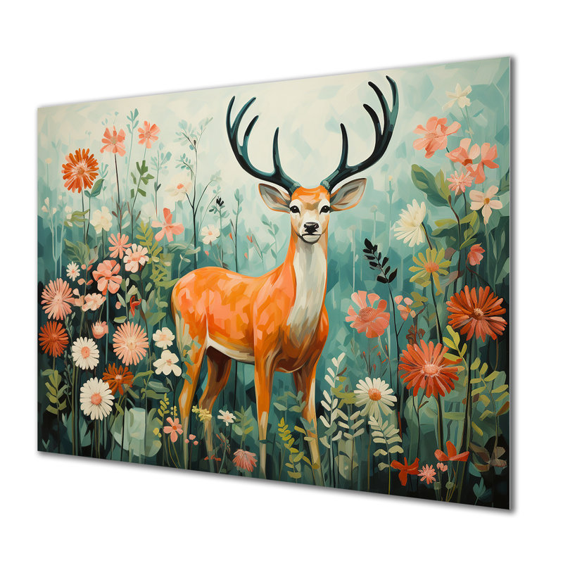 Fleur, cerf dans la faune Meadows I - art mural animalier en métal, H 16 po x l 32 po x P 1 po