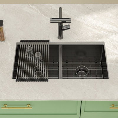 33" L x 19" W Undermount Stainless Steel 50/50 Double Bowl Nano Ti Kitchen Sink with Sink Grid, Strainer and Roll-up Rack