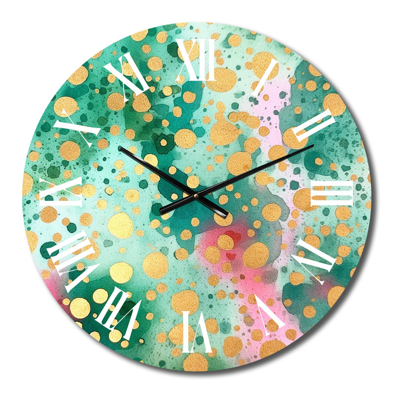 Horloge murale moderne à motif géométrique vert et or et eau III, Petit